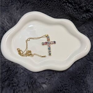 Elegant Gold Cross Necklace with Colorful Gems